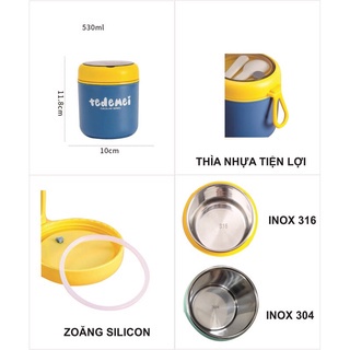 Bình ủ cháo, hộp giữ nhiệt đồ ăn, cặp lồng cơm TEDEMEI dung tích 530ml, lõi inox 304, kèm muỗng siêu tiên lợi AD01