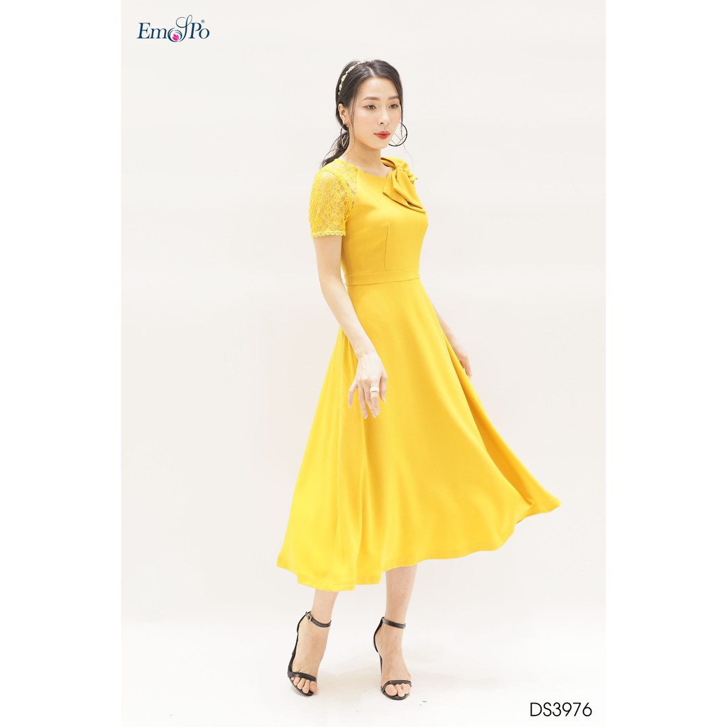 Đầm xòe đính nơ bản to ở cổ, tay phối ren Emspo DS3976