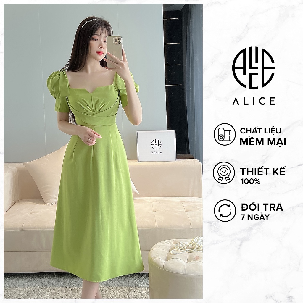 Váy Công Sở Cổ Vuông ALICE Chất Vải Cao Cấp Váy Dáng Suông Eo Đai Chéo Tay Bồng V843