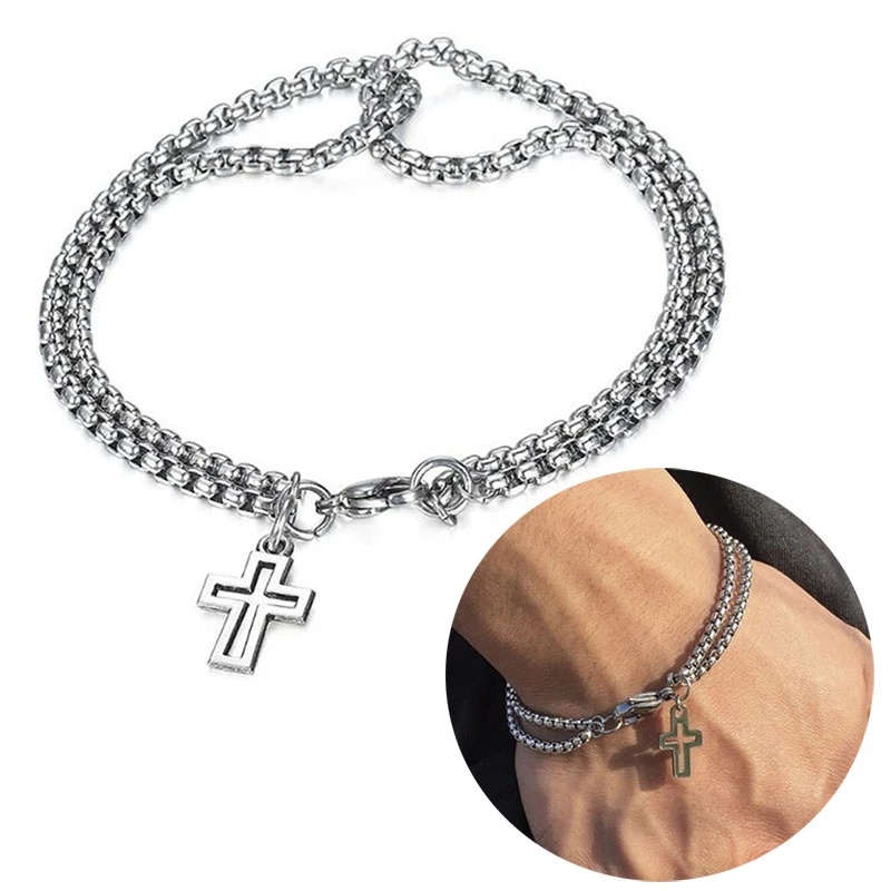 Vòng Tay Dây Xích Đôi Có Khóa Gài Mặt Chữ Thập Rỗng Phong Cách Hip Hop Cho Nam