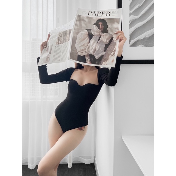 Áo bodysuit tay dài thun gân co giãn có mút ngực | BigBuy360 - bigbuy360.vn