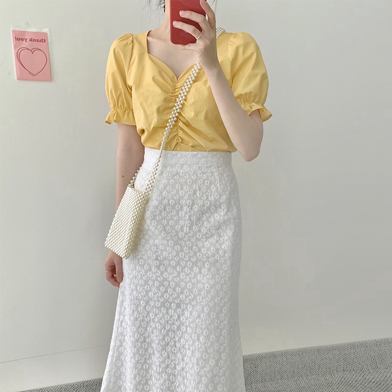 Chân váy SUXI lưng cao phối ren hoa màu trơn phong cách Hàn Quốc thời trang cho nữ