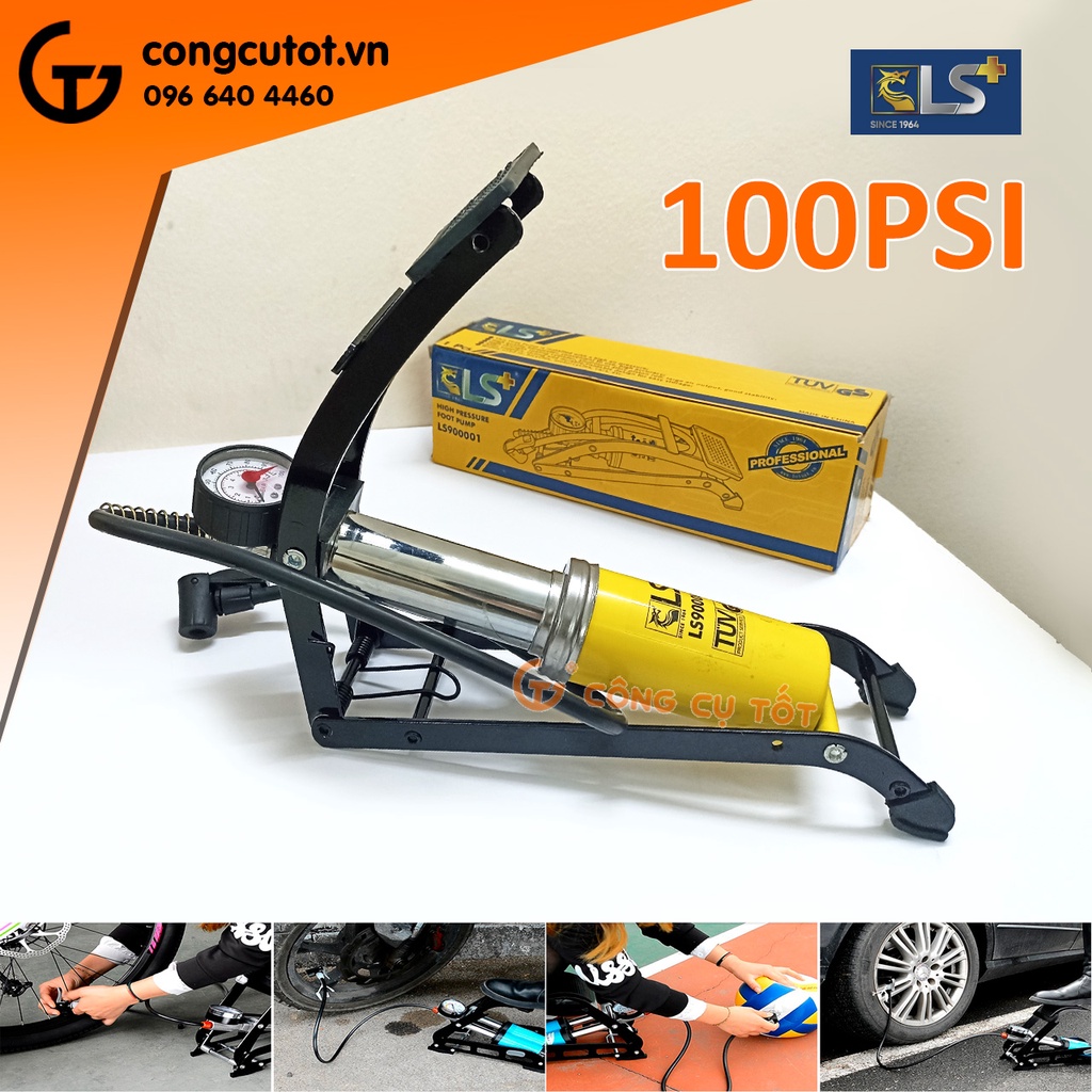 Bơm xe đạp chân 1 ống pitong áp 100psi 7 cân hơi hiệu LS+ dùng cho xe đạp, xe máy và ô tô,..