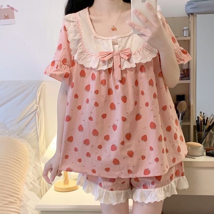 (SẴN) Set bộ mặc nhà nữ ngắn hồng trái dâu quảng châu