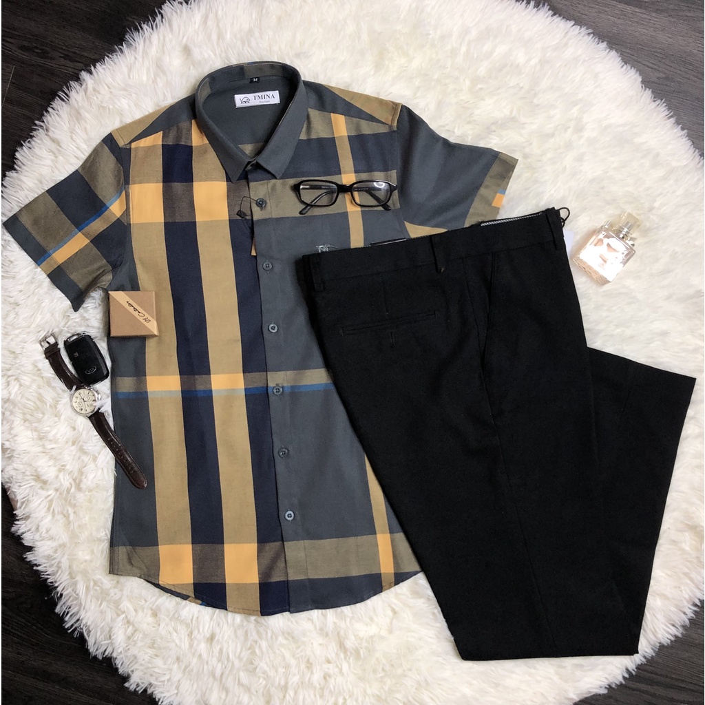 Áo sơ mi kẻ tay ngắn vải cotton , bbr cộc tay kẻ to thoáng mầu vàng rêu