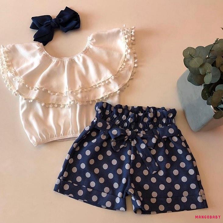 ♬MG♪-Baby Girls Sleeveless White Round Neck Tops + Polka Dot Shorts Suit Fashion Summer Outfit Set