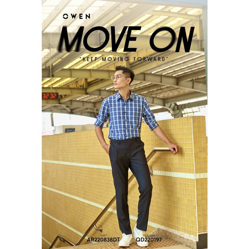 OWEN - Áo Sơ mi dài tay Owen Regular fit chất sợi tre kẻ ca rô xanh đậm 220838