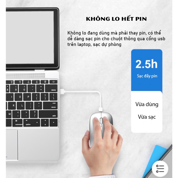 Chuột không dây Bluetooth tự sạc pin KING TECH M185 không tiếng click sạc 1 lần dùng 2-3 tuần cho Laptop macbook PC