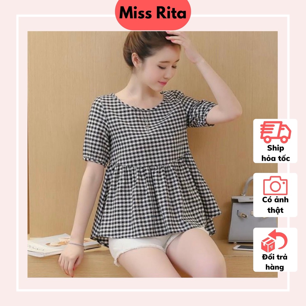Áo bầu babydoll kẻ caro cực xinh tay cộc cổ tròn thiết kế bởi Đầm Bầu Nhung Huấn