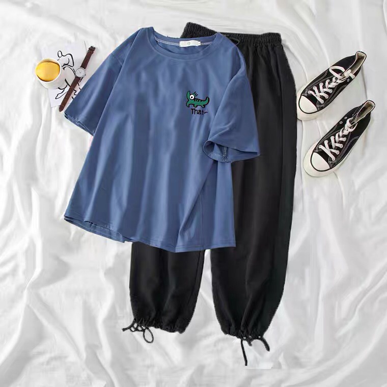 Sét Áo phông logo cá sấu + quần bom chun, Áo thun from rộng, Chất đẹp không xù, Sét bộ mặc ở nhà - MODY