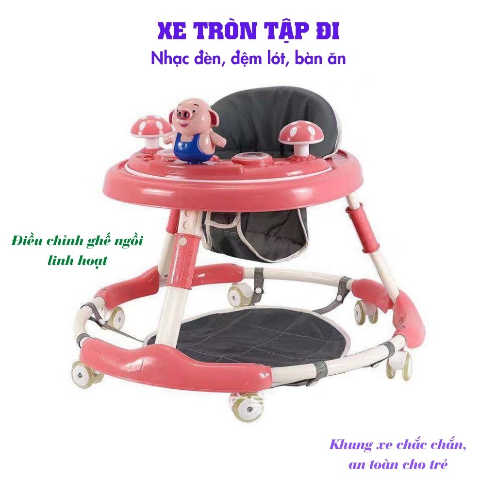 Xe tròn tập đi kết hợp xe ăn dặm phiên bản cao cấp có nhạc – Điều chỉnh độ cao, bánh cao su an toàn cho trẻ – DC035