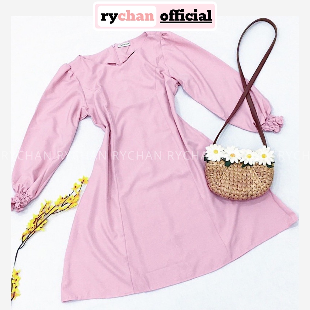 Đầm Công Sở Cổ V Tay Dài Thanh Lịch, Váy Nữ Dạo Phố Xem Phim Hẹn Hò Form Xòe Đáng Yêu Màu Hồng [ẢNH THẬT CUỐI] - DX9762