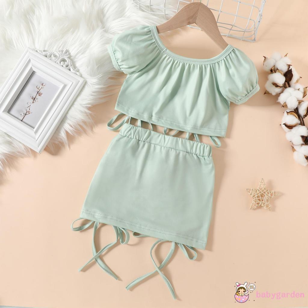 BABYGARDEN-Baby Girls 1-5Year Two-Piece Outfits, Solid Color Tie-Up Straps Pleated Clothes Suit, Short Puff Sleeve Crop Tops + Elastic Waist Skirt Set