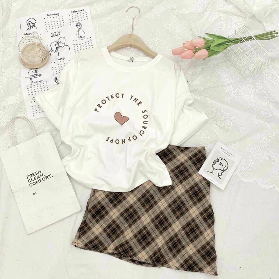 Bộ Váy Caro Áo Thun Rộng Ulzzang - CHICCLOTHES (Ảnh thật)