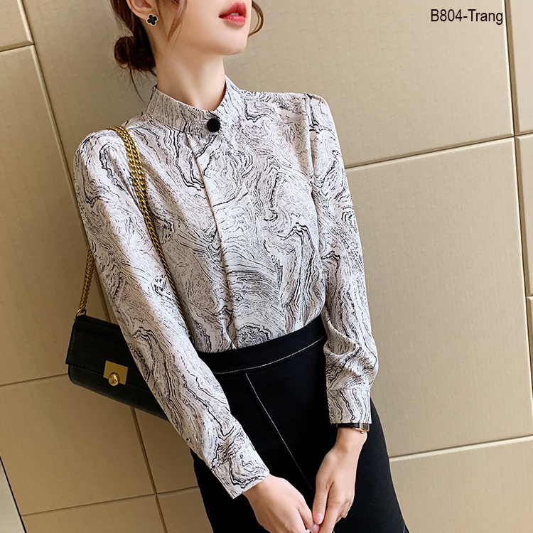(XẢ HÀNG LẺ SIZE) Áo sơ mi công sở nữ kiểu cổ trụ hoạ tiết tay dài -b804