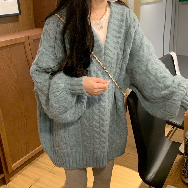 Áo Sweater Dệt Kim Cổ Chữ V Dáng Rộng Phong Cách Hàn Quốc Thời Trang Mùa Đông Cho Nữ