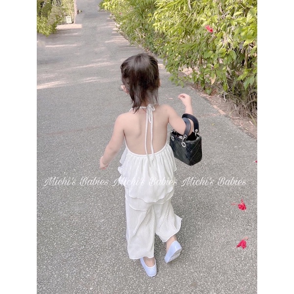 Set bộ tiểu thư dập ly cổ yếm siêu dễ thương cho bé, chất ly óng siêu mềm mịn, hàng loại 1 (LD10)