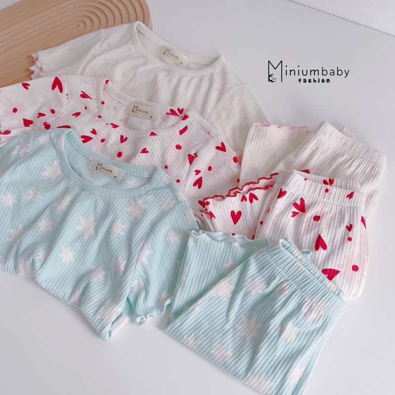 Bộ cotton gân viền bèo Minium vải mềm mát cho bé gái