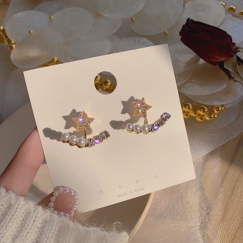 Bông Tai Mạ Bạc 925 Hình Ngôi Sao Năm Cánh Đính Đá Ngọc Trai Phong Cách Hàn Quốc