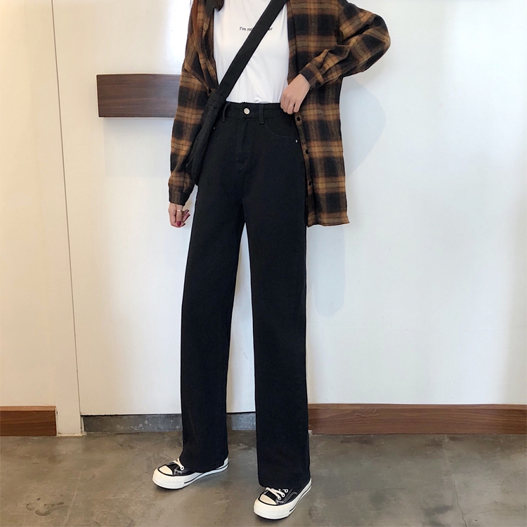 Quần jean nữ dáng dài lưng cao ống rộng phong cách Hàn Quốc
