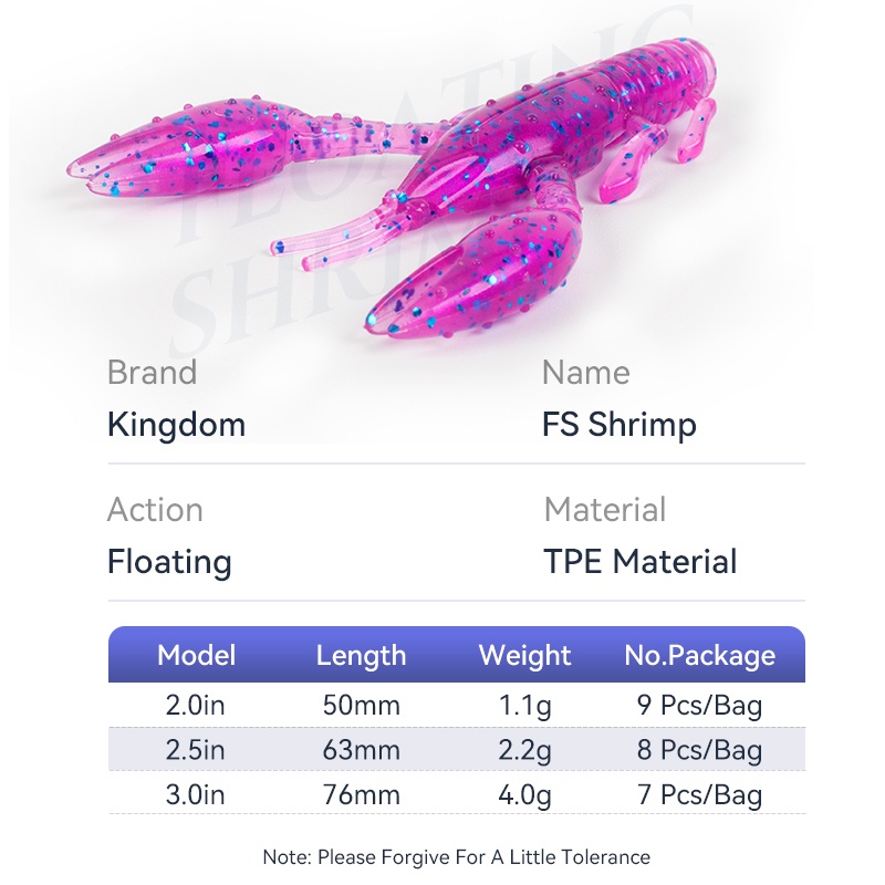 Set 7/ 8/ 9 mồi câu cá giả KINGDOM hình con tôm bằng silicone 50mm 63mm 76mm tùy chọn