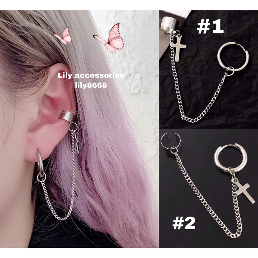 khuyên tai và kẹp vành tai titan phối thánh giá không gỉ không đen không dị ứng cho nam và nữ