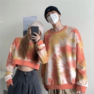 Áo Sweater cổ tròn dáng dài 100% Cotton phối màu nhuộm độc đáo thời trang cho cặp đôi T015