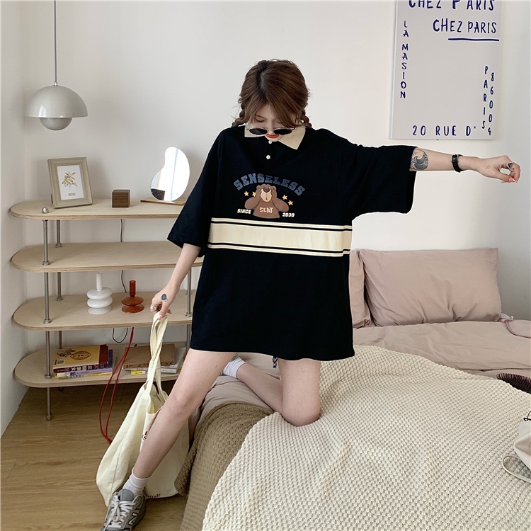 Áo polo Ngắn Tay Dáng Rộng In Hoạt Hình Gấu Kiểu Retro Cá Tính Cho Nữ
