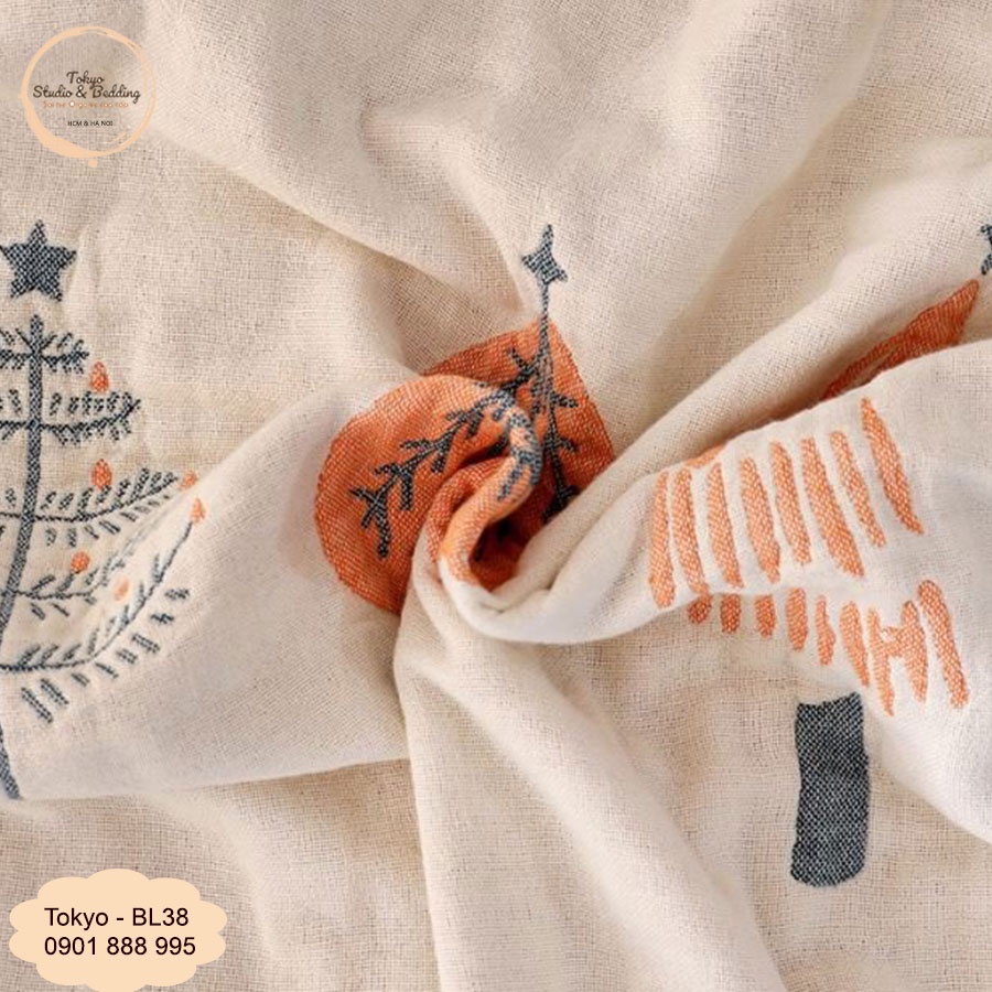 Món quà Noel _ Chăn/Ga/Gối Xô cotton sợi tre Organic dòng Basic_họa tiết cây thông