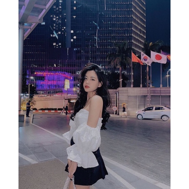 Áo Croptop Trễ Vai Tay Phồng Dáng Ôm Cúp Ngực Phong Cách Tiểu Thư Sang Chảnh