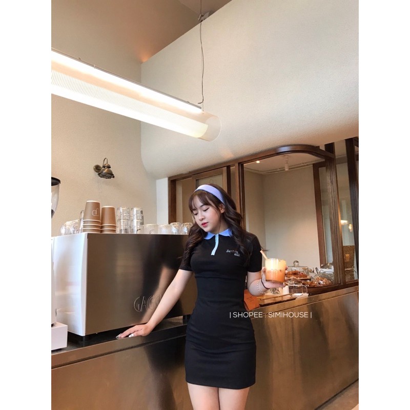 [Mã SKAMSALEP6 giảm 10% tối đa 100K đơn 150K] Váy ôm body cổ polo / Váy body cổ polo xanh thêu chữ | BigBuy360 - bigbuy360.vn