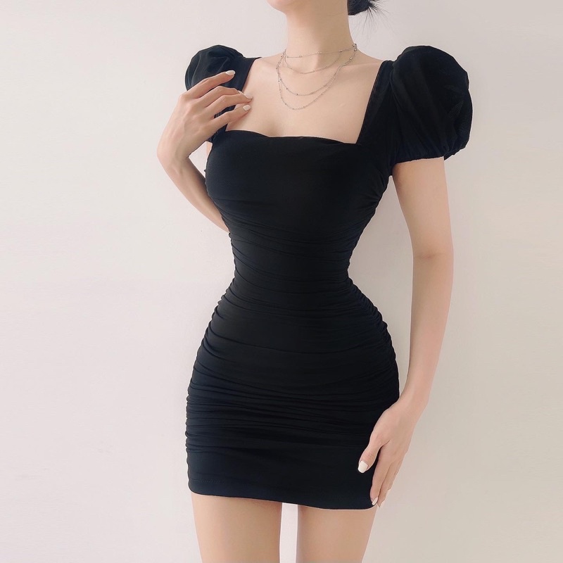 Luna Dress - Đầm cổ vuông tay phồng chất thun lưới xếp gấp siêu dáng