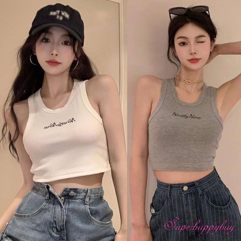 Áo Croptop Sát Nách Cổ Tròn Hoạ Tiết Chữ Thêu Cho Phái Nữ