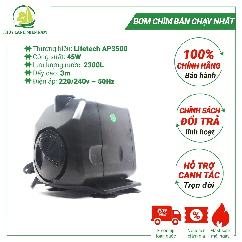 Máy bơm thủy canh chìm, máy bơm hồ cá cao cấp Lifetech AP3500 60W Chính Hãng, Bảo hành 6 tháng, 30 Ngày đổi trả nếu lỗi