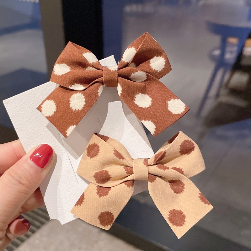 Kẹp Tóc Nơ Họa Tiết Chấm Bi Màu Cà Phê Phong Cách Hàn Quốc Dễ Thương Thời Trang Cho Bé Gái