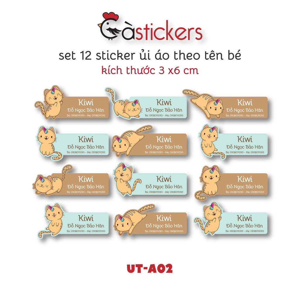 Sticker ủi áo in tên trẻ em GaStickers UT-A02 bộ 12 miếng kích thước 3 x 6 cm