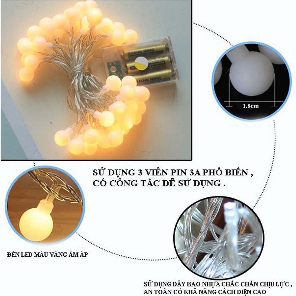 Dây đèn trang trí bóng đèn led không nháy 2cm sử dụng pin tiểu AA (tặng kèm 3 pin)