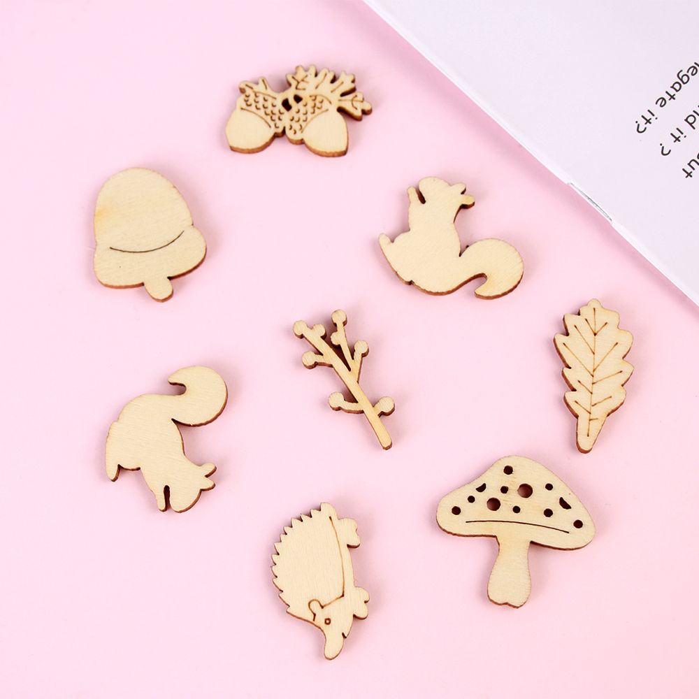 FASHYUNER Bộ 50 miếng gỗ trang trí đồ thủ công sổ lưu niệm hình chiếc lá/ sóc/ nấm/ nhím xinh xắn hỗn hợp