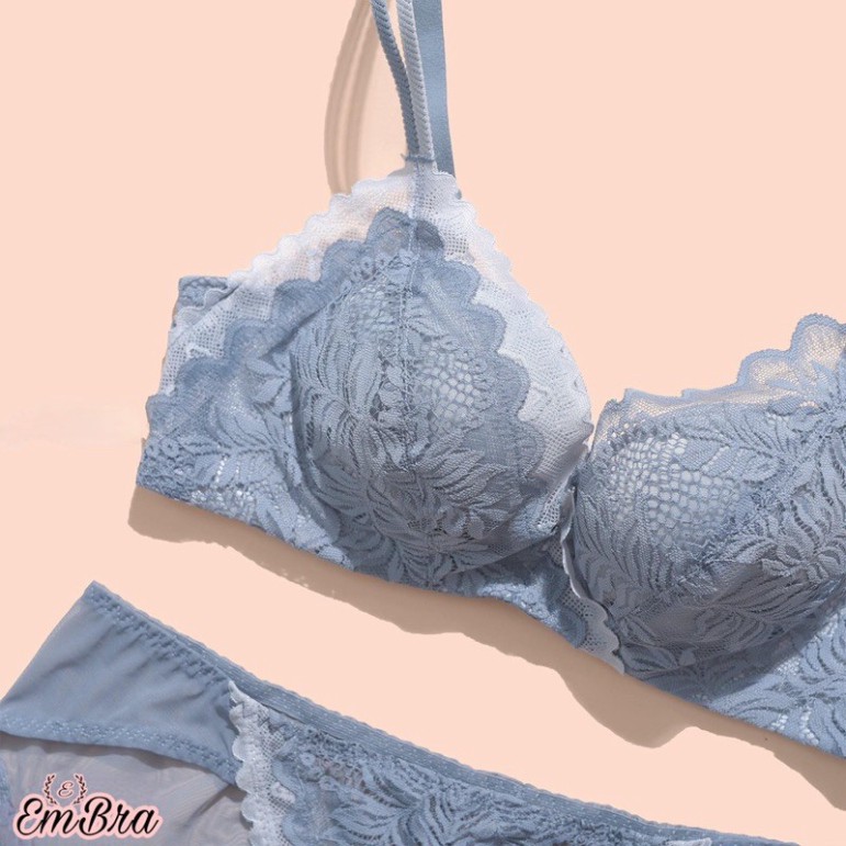 Bộ Đồ Lót Nữ Ren Hoa Chéo Đệm Hơi Nâng Ngực Vừa 3cm Siêu Mềm Mại, Đồ Lót Không Gọng EBB22