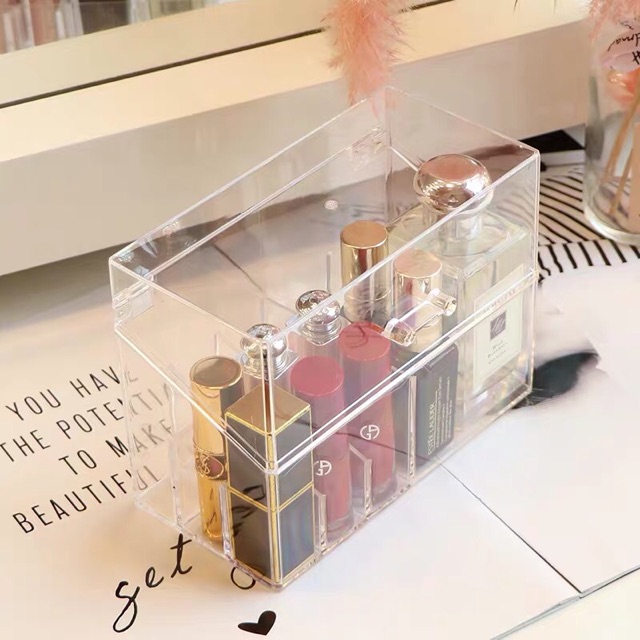 [Sẵn] Hộp Đựng Son 12 Ô (9 ô nhỏ 3 ô to) Nhựa Mica Trong Suốt Có Nắp Đậy Chống Bụi Và Nước