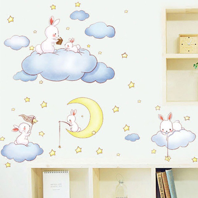 Tranh Decal dán tường Thỏ - Mặt Trăng Cho Bé