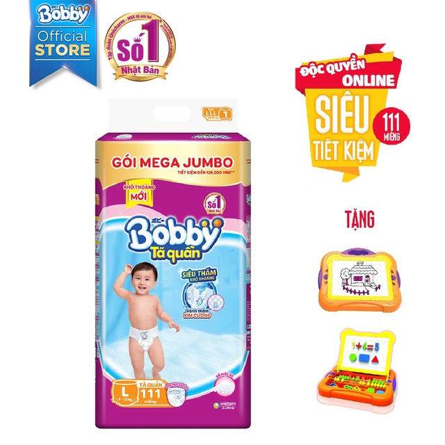 [Toàn quốc][Tặng 1 bảng học thông minh] Tã quần Bobby siêu thoáng bịch Mega Jumbo M120/L111/XL102/XXL93