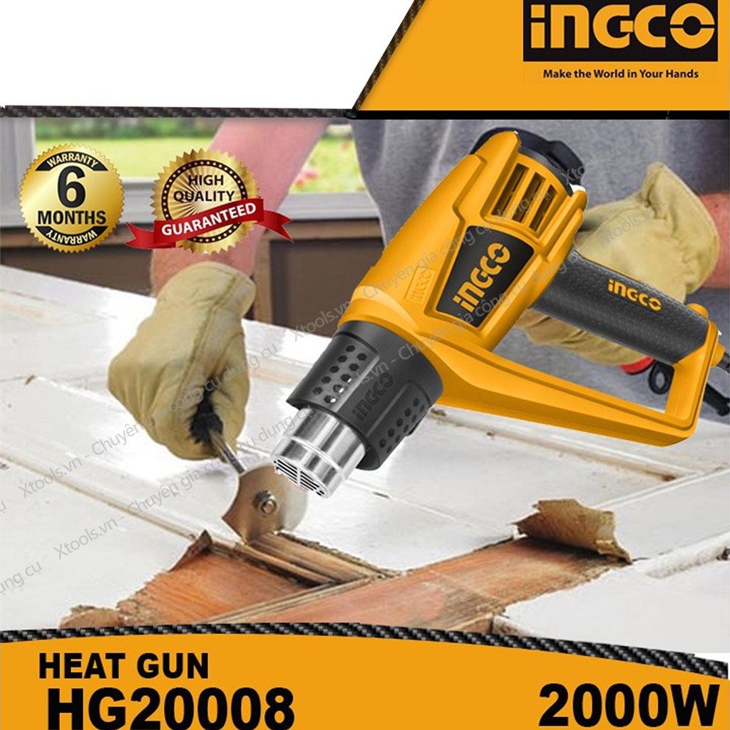 Máy khò nhiệt INGCO HG20008 Công suất 2000W Tặng kèm 5 món 1 cây nạo/cào và 4 miệng vòi, Máy thổi nhiệt 350°C/550°C