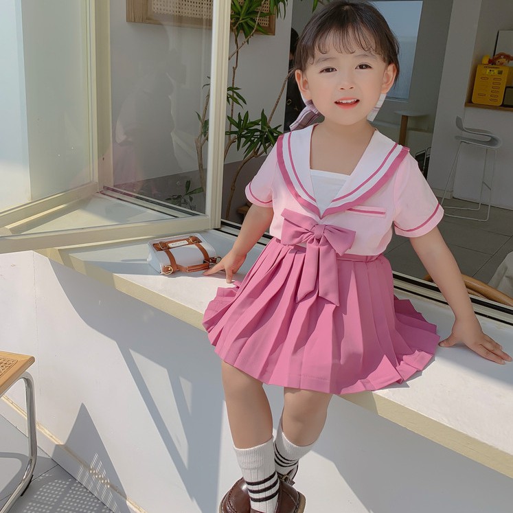 Set Áo Sơ Mi + Chân Váy Xếp Li Phong Cách Hàn Quốc Cho Bé Gái