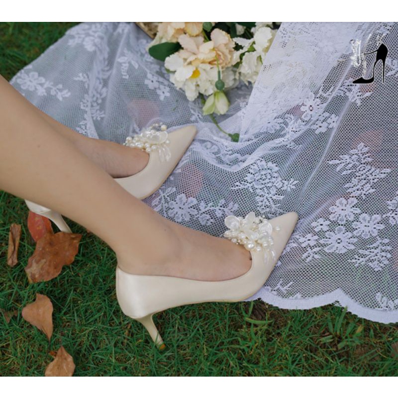 Giày Cưới Cô Dâu, Giày Cao Gót Nữ Đẹp Elie- Giày Ngọc Hoa Cánh Cứng