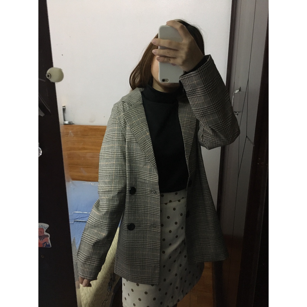 Áo blazer túi dọc kẻ nâu 4 khuy phong cách Hàn Quốc thời thượng trẻ trung