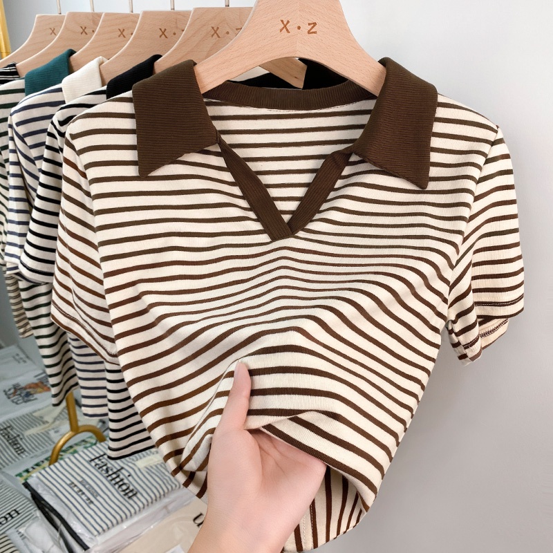 Áo Thun Polo Tay Ngắn Cổ Chữ v Họa Tiết Kẻ Sọc Thời Trang Mùa Hè Hàn Quốc Dành Cho Bạn Nữ 54031