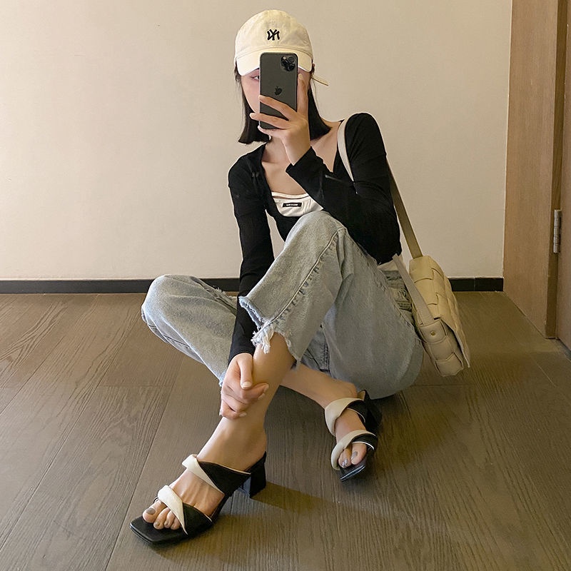 ♤✟Dép Sandal Gót Dày Hở Ngón Mũi Vuông Màu Sắc Thời Trang Mùa Hè Cho Nữ