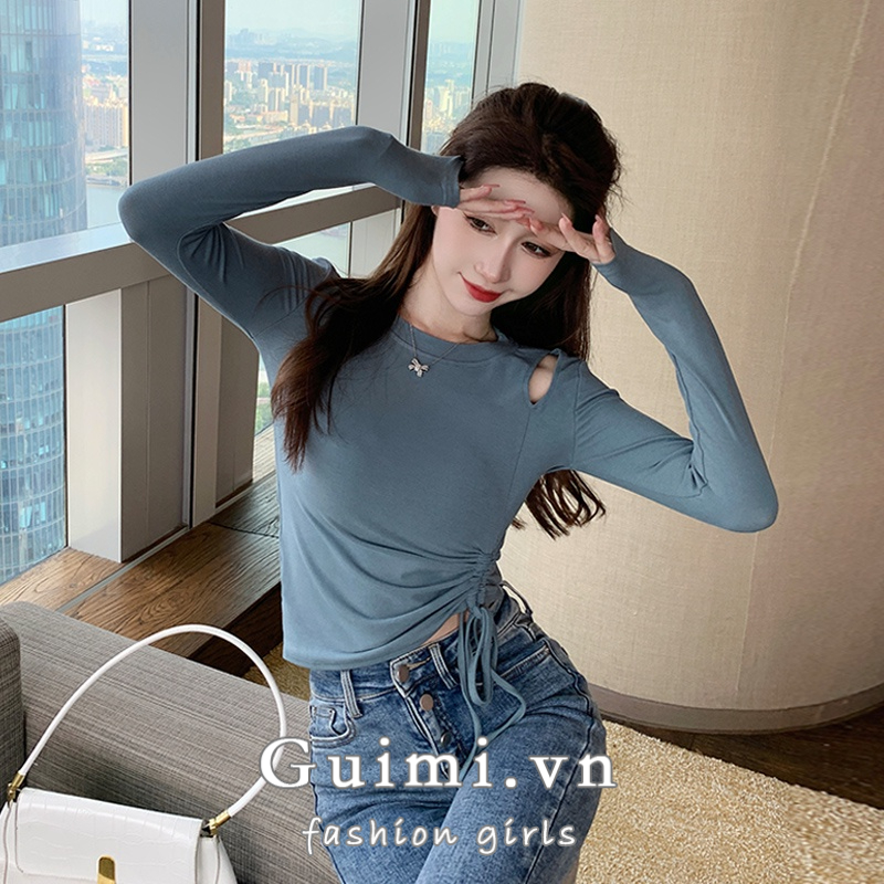 Áo Thun Tay Dài Hở Vai Phối Dây Rút Cá Tính Cho Nữ