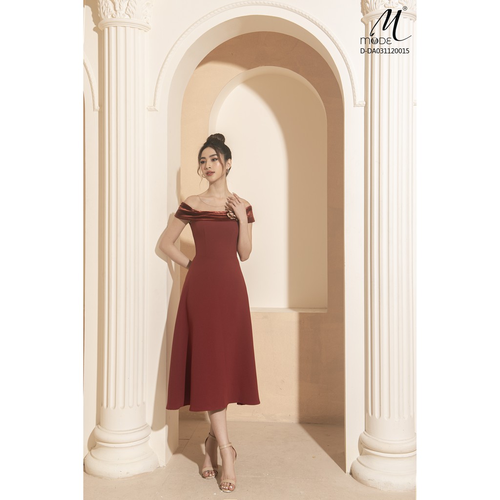 Đầm dáng xòe, trễ vai, phối hoa MMOutfit D-DA031220015